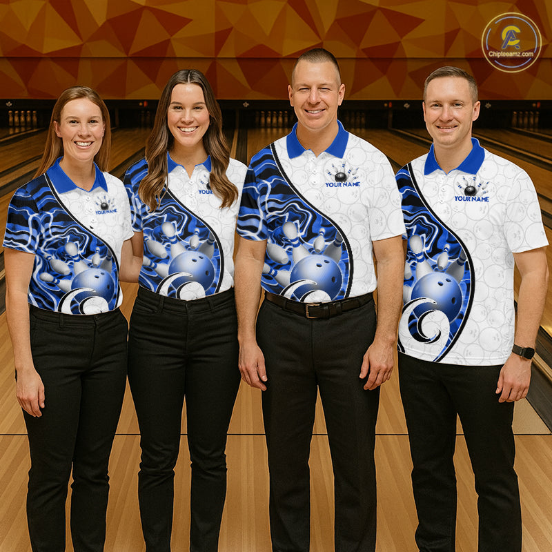 Custom Blue Liquid Swirl Bowling Jersey for Women Bowling Team Shirts Bowling League Polo & 1/4 Zip HNT471