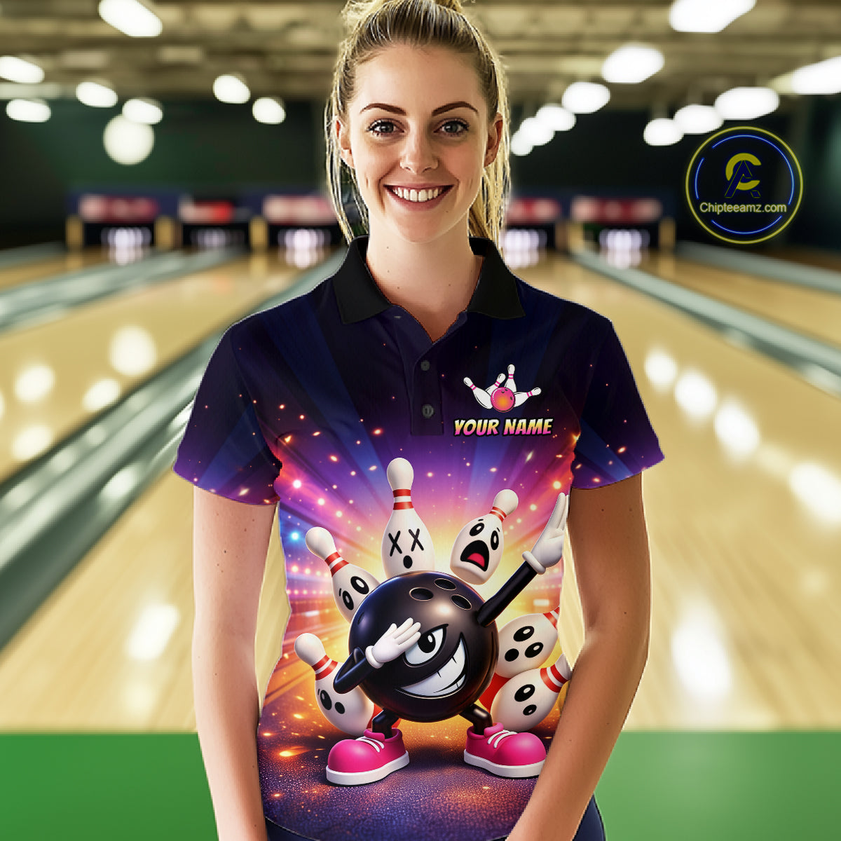 Custom Galaxy Funny Bowling Jersey for Women Bowling Tournament Polo & 1/4 Zip Bowling Team Shirts HNT217