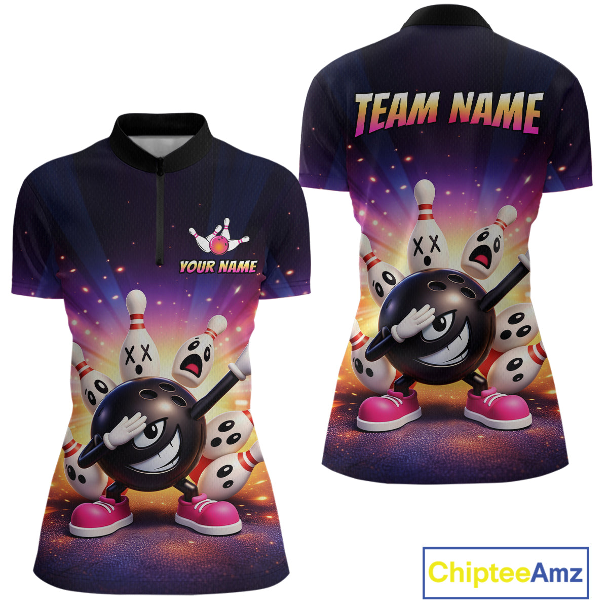 Custom Galaxy Funny Bowling Jersey for Women Bowling Tournament Polo & 1/4 Zip Bowling Team Shirts HNT217