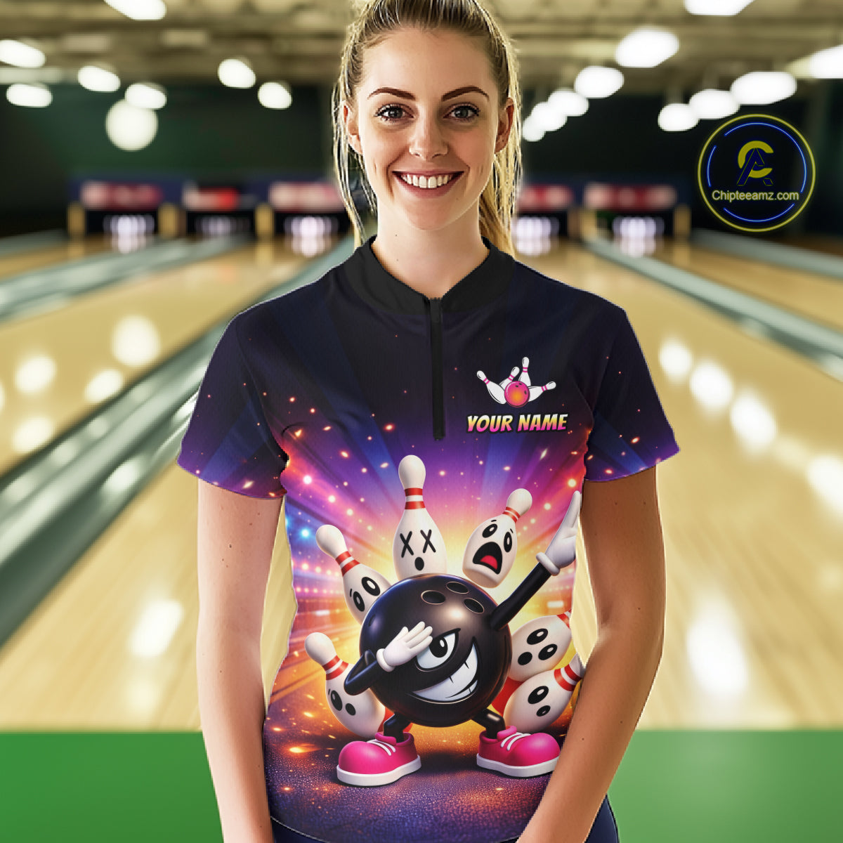 Custom Galaxy Funny Bowling Jersey for Women Bowling Tournament Polo & 1/4 Zip Bowling Team Shirts HNT217
