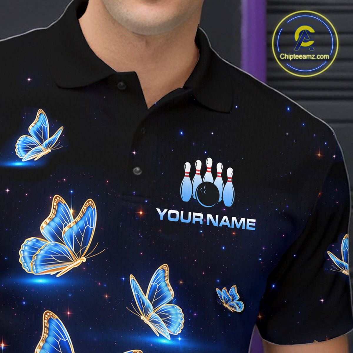 Custom Galaxy Butterflies Bowling Jersey for Men Bowling Tournament Polo & 1/4 Zip Bowling Team Shirts HNT211