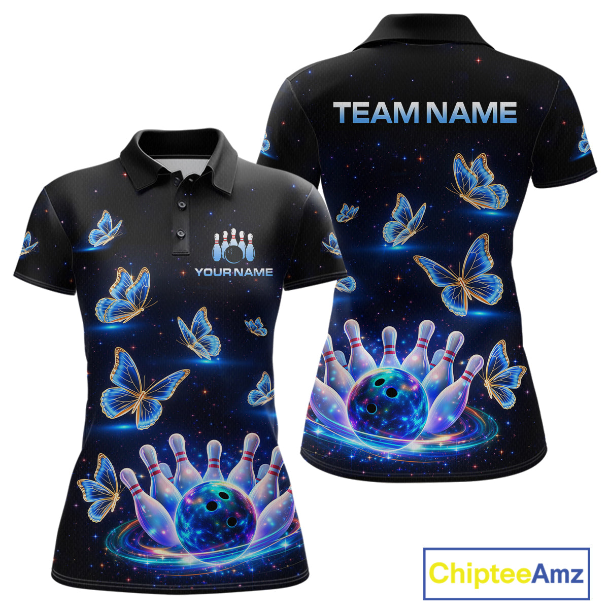 Custom Galaxy Butterflies Bowling Jersey for Women Bowling Tournament Polo & 1/4 Zip Bowling Team Shirts HNT211