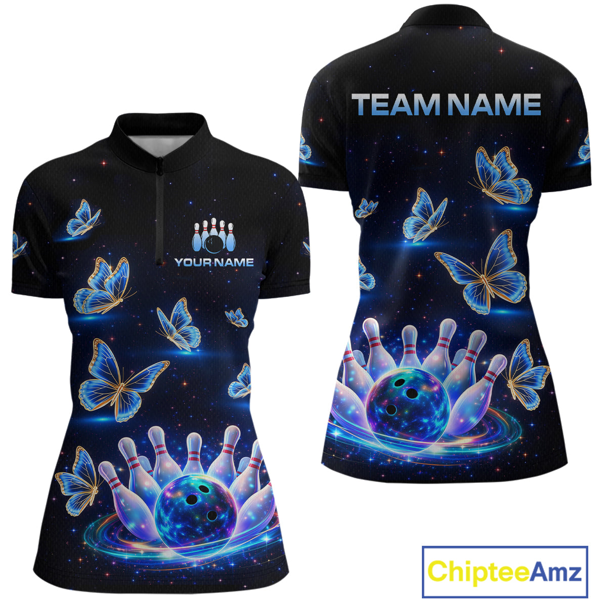 Custom Galaxy Butterflies Bowling Jersey for Women Bowling Tournament Polo & 1/4 Zip Bowling Team Shirts HNT211