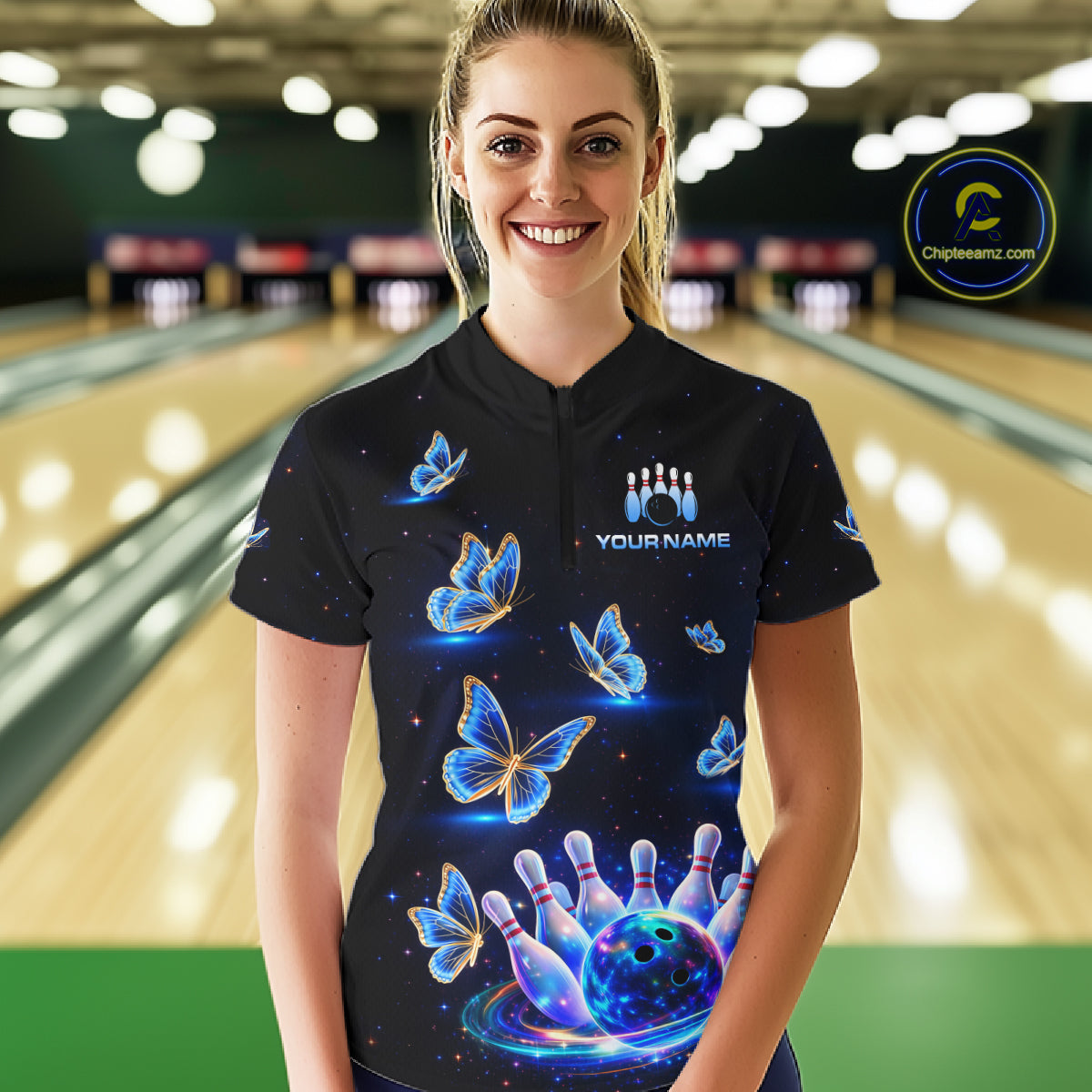 Custom Galaxy Butterflies Bowling Jersey for Women Bowling Tournament Polo & 1/4 Zip Bowling Team Shirts HNT211
