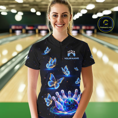Custom Galaxy Butterflies Bowling Jersey for Women Bowling Tournament Polo & 1/4 Zip Bowling Team Shirts HNT211