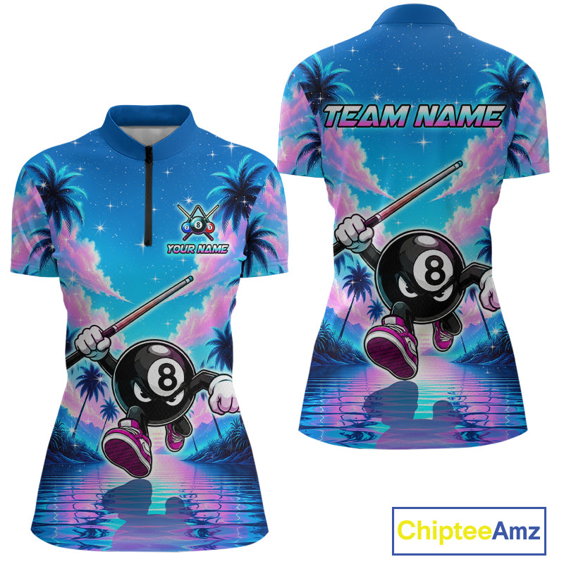 Front and back view personalized billiards quarter zip shirt with an eight ball character moving through a tropical scene with palm trees and sunset reflections.