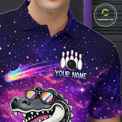 Custom Funny Galaxy Alligator Bowling Jersey for Men Bowling Tournament Polo & 1/4 Zip Bowling Team Shirts HNT218