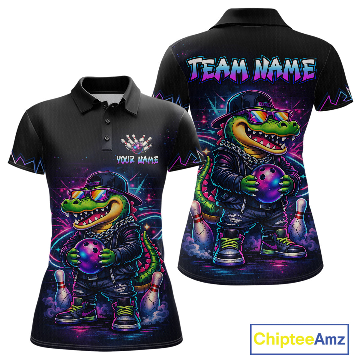 Custom Neon Funny Alligator Bowling Jersey for Women Bowling Tournament Polo & 1/4 Zip Bowling Team Shirts HNT219