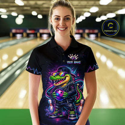 Custom Neon Funny Alligator Bowling Jersey for Women Bowling Tournament Polo & 1/4 Zip Bowling Team Shirts HNT219