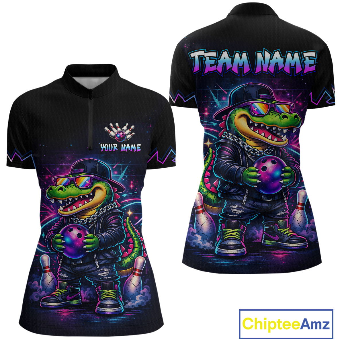 Custom Neon Funny Alligator Bowling Jersey for Women Bowling Tournament Polo & 1/4 Zip Bowling Team Shirts HNT219