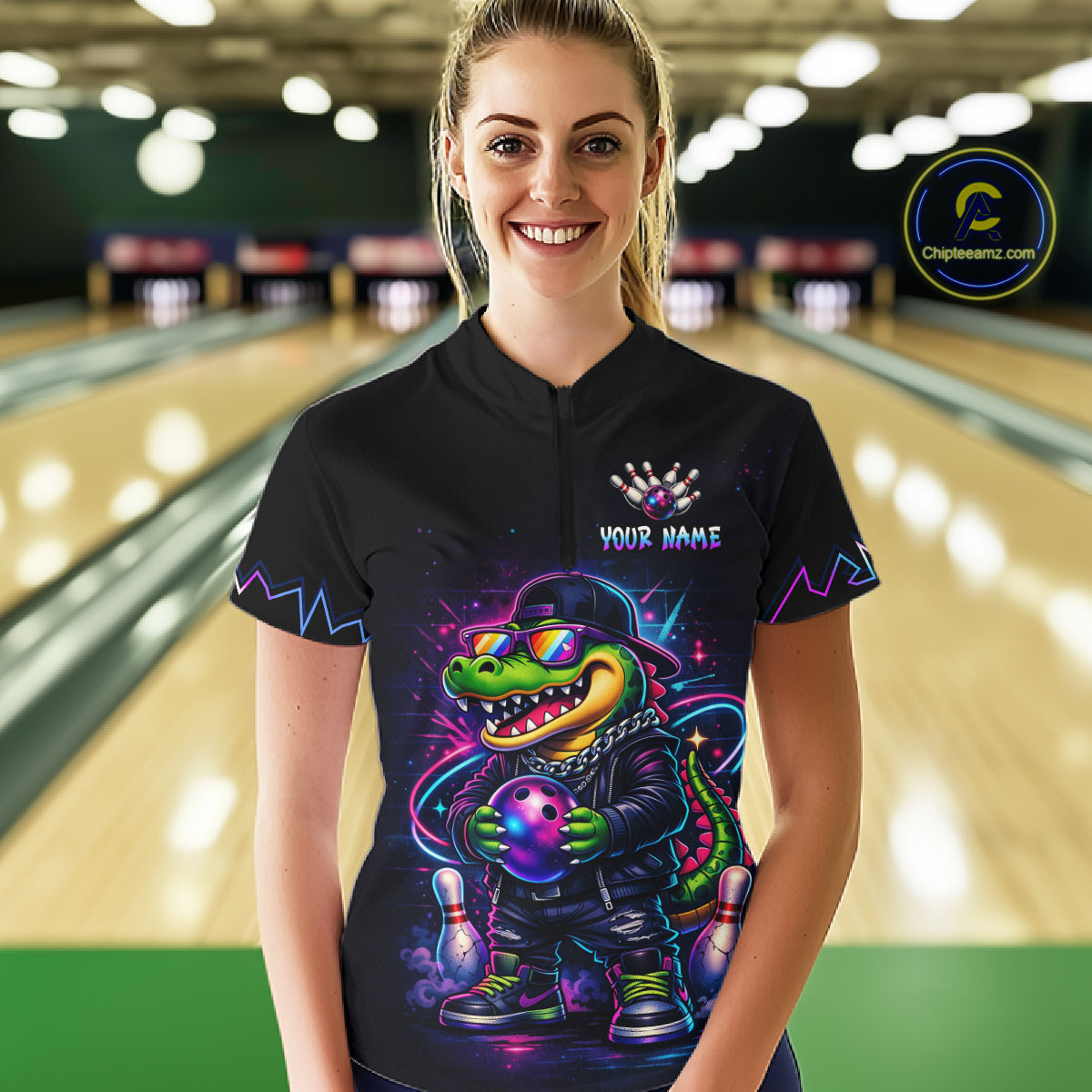 Custom Neon Funny Alligator Bowling Jersey for Women Bowling Tournament Polo & 1/4 Zip Bowling Team Shirts HNT219