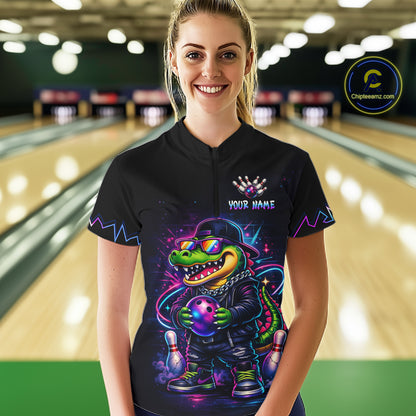 Custom Neon Funny Alligator Bowling Jersey for Women Bowling Tournament Polo & 1/4 Zip Bowling Team Shirts HNT219