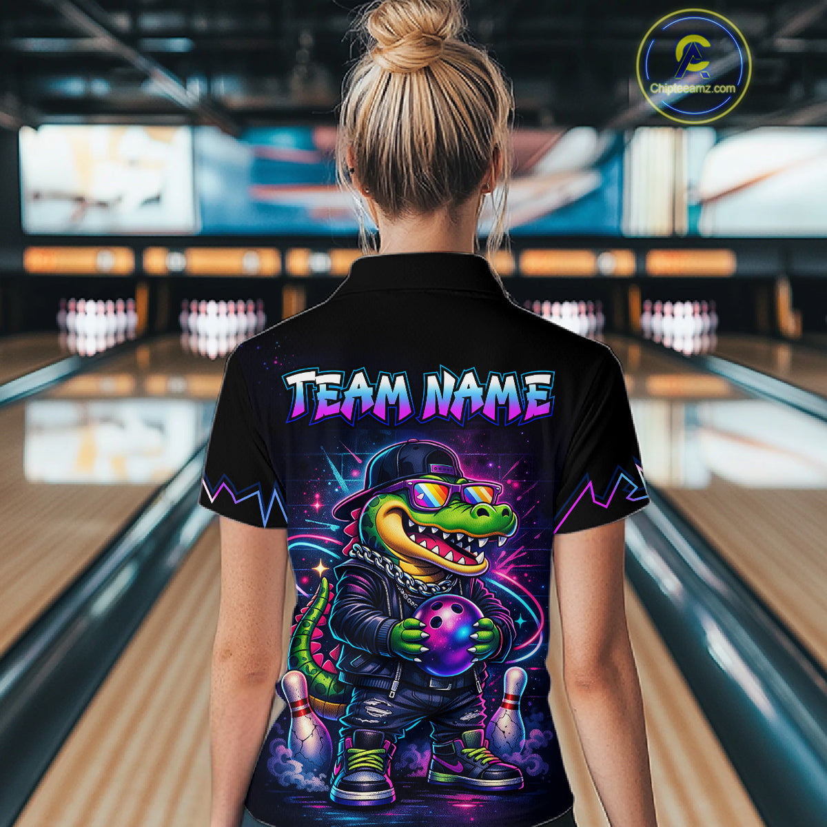Custom Neon Funny Alligator Bowling Jersey for Women Bowling Tournament Polo & 1/4 Zip Bowling Team Shirts HNT219