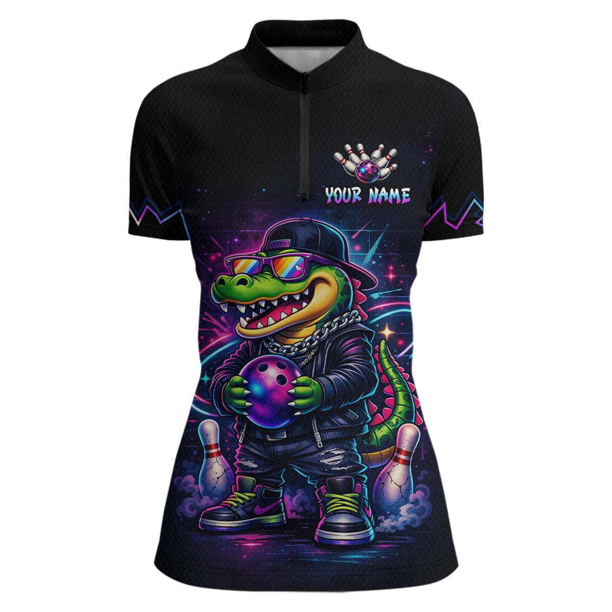 Custom Neon Funny Alligator Bowling Jersey for Women Bowling Tournament Polo & 1/4 Zip Bowling Team Shirts HNT219