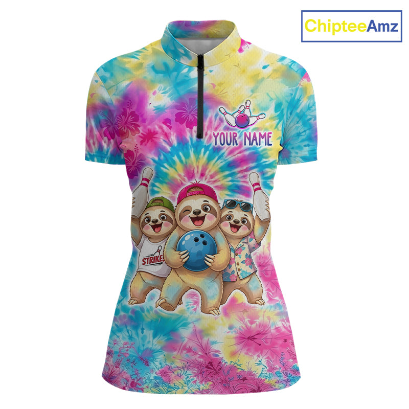 Custom Funny Sloth Bowling Jersey for Women Tropical Tie-Dye Bowling Team Shirts Bowling League HNT306
