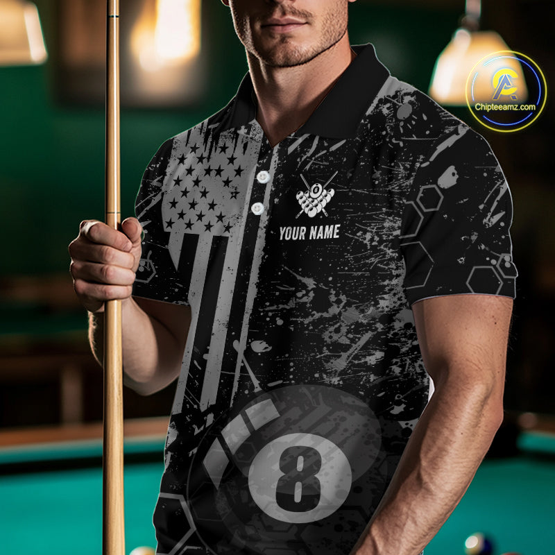 Custom American Flag 8 Ball Billiard Shirts for Men Billiard Team Jerseys Billiard League Polo & 1/4 Zip NNT286