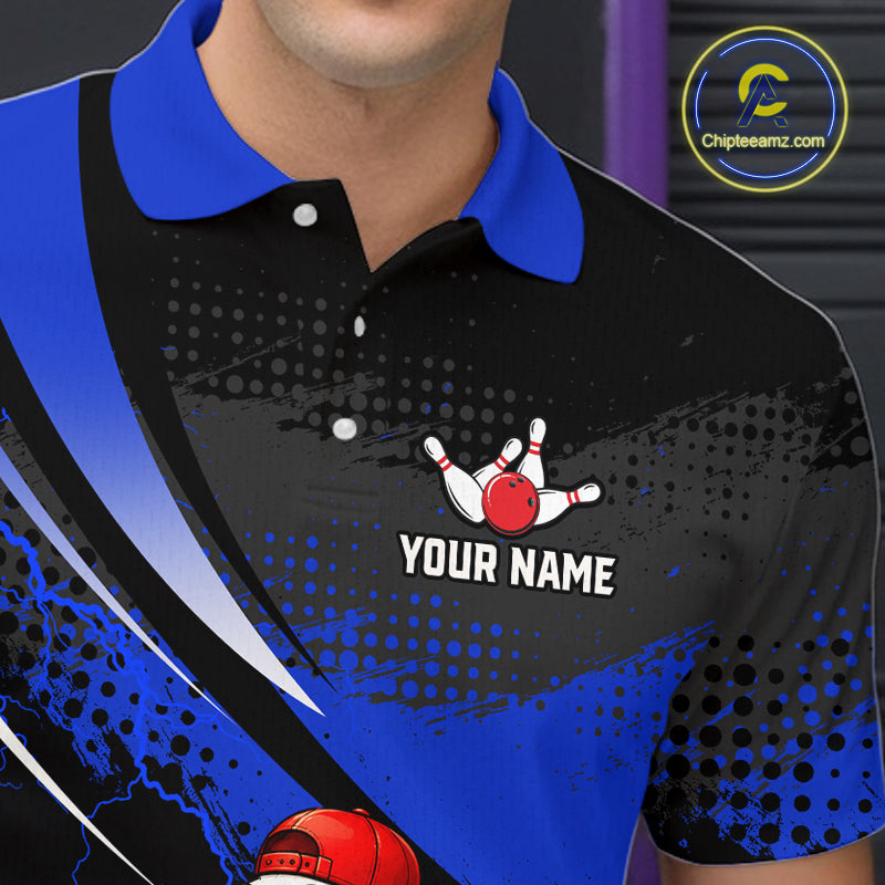 Black and blue polo shirt with a bowling design and 'Your Name' text on a dark background.