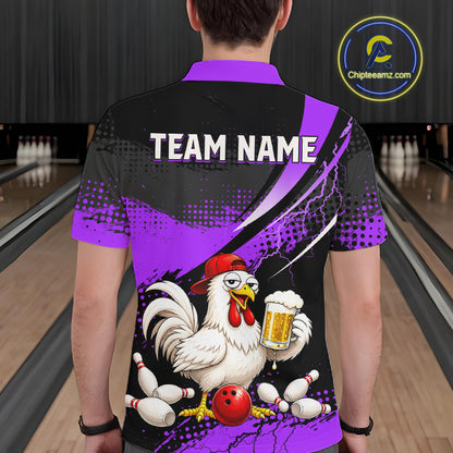 Man wearing a purple and black bowling polo featuring a chicken holding a beer mug, red bowling ball, scattered pins, and custom team name text.