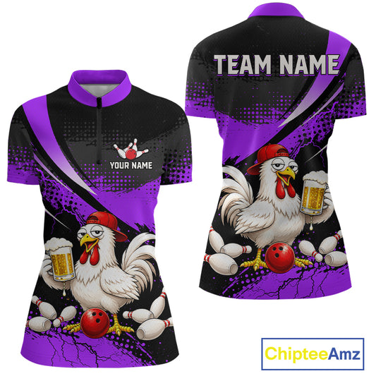 Front and back views of a purple and black bowling quarter zip featuring a chicken holding a beer mug, red bowling ball, scattered pins, and custom team text.