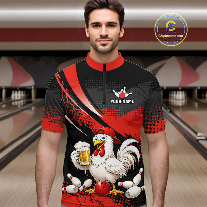 Man wearing a red and black bowling quarter zip featuring a chicken holding a beer mug, red bowling ball, scattered pins, and custom your name text.