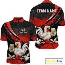 Load image into Gallery viewer, Front and back views of a red and black bowling quarter zip featuring a chicken holding a beer mug, red bowling ball, scattered pins, and custom team text.