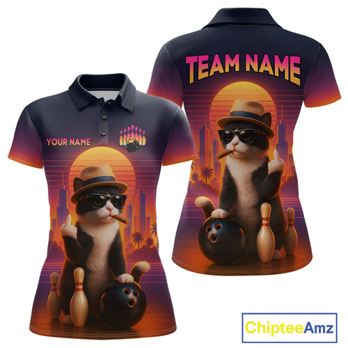 Custom Funny Cat Bowling Jersey for Women Bowling Uniform Polo & 1/4 Zip Bowling Team Shirts HNT114