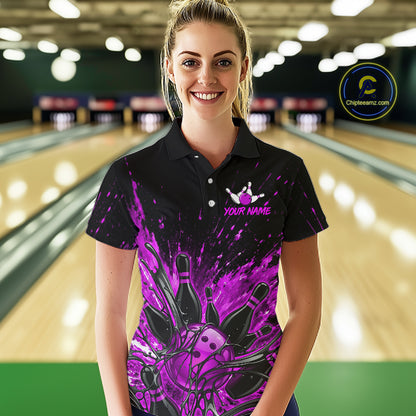 Personalized Purple Bowling Jerseys For Women, Custom Bowling Team Shirts Bowling Pin And Ball HNT494