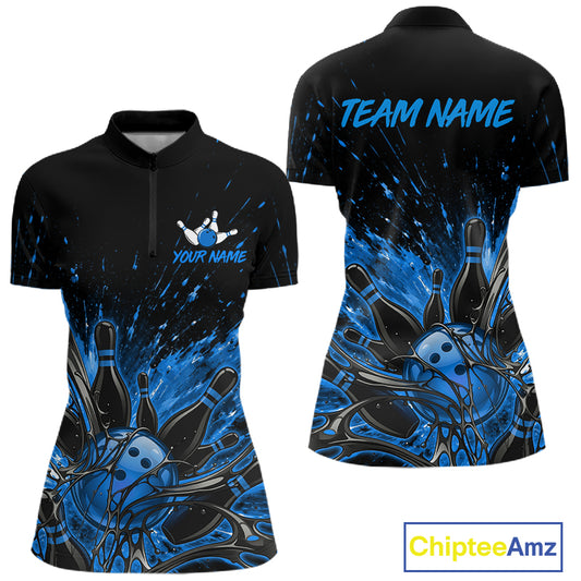Personalized Blue Bowling Jerseys For Women, Custom Bowling Team Shirts Bowling Pin And Ball HNT494