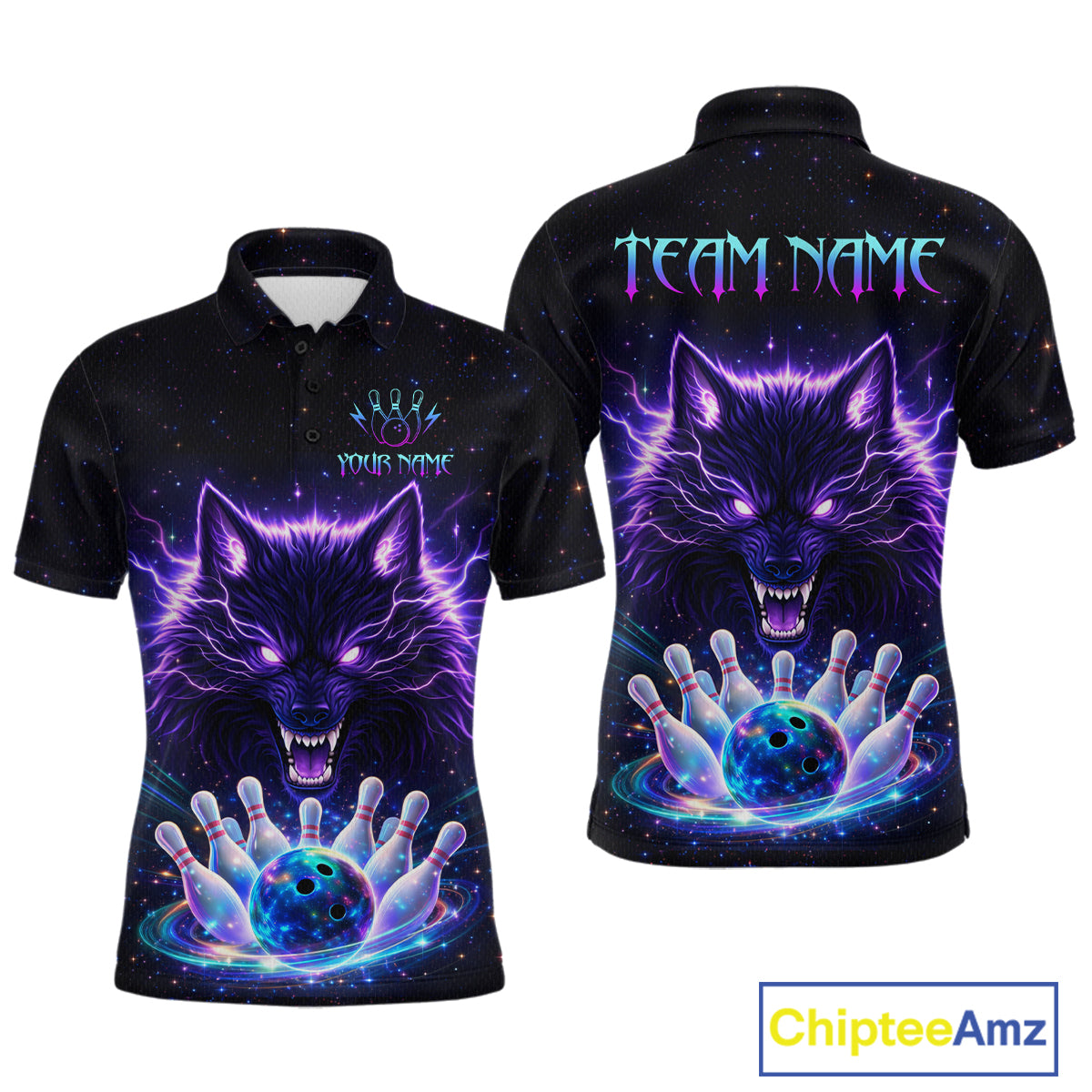 Custom Galaxy Wolf Bowling Jersey for Men Bowling Tournament Polo & 1/4 Zip Bowling Team Shirts HNT220