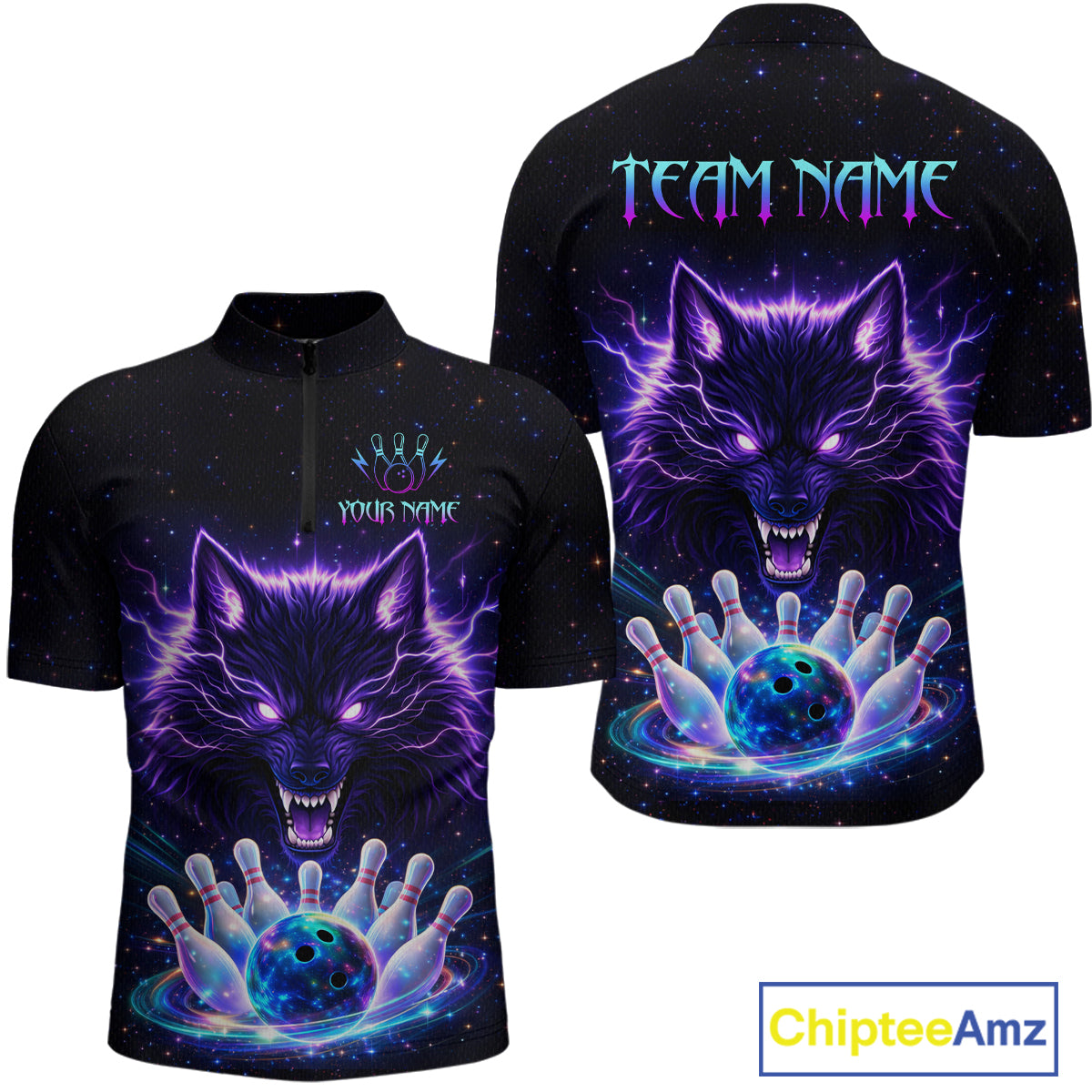 Custom Galaxy Wolf Bowling Jersey for Men Bowling Tournament Polo & 1/4 Zip Bowling Team Shirts HNT220