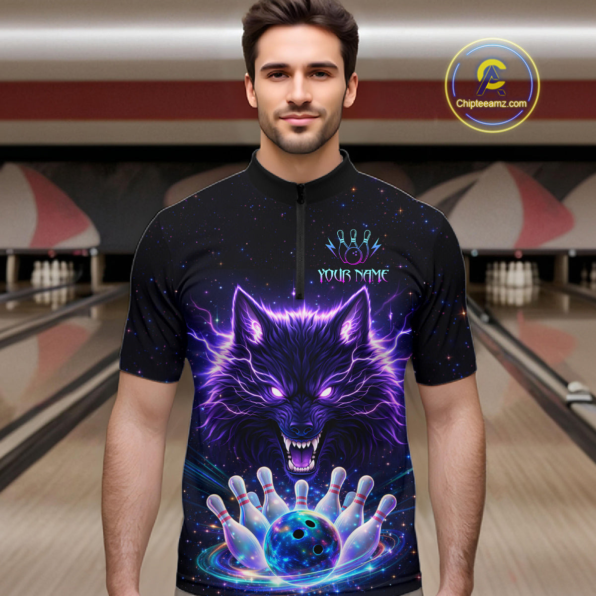 Custom Galaxy Wolf Bowling Jersey for Men Bowling Tournament Polo & 1/4 Zip Bowling Team Shirts HNT220