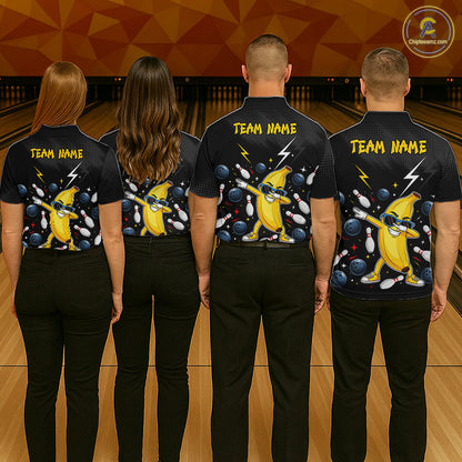 Four people wearing black bowling shirts with a yellow banana character and 'Team Name' text on a bowling alley background.