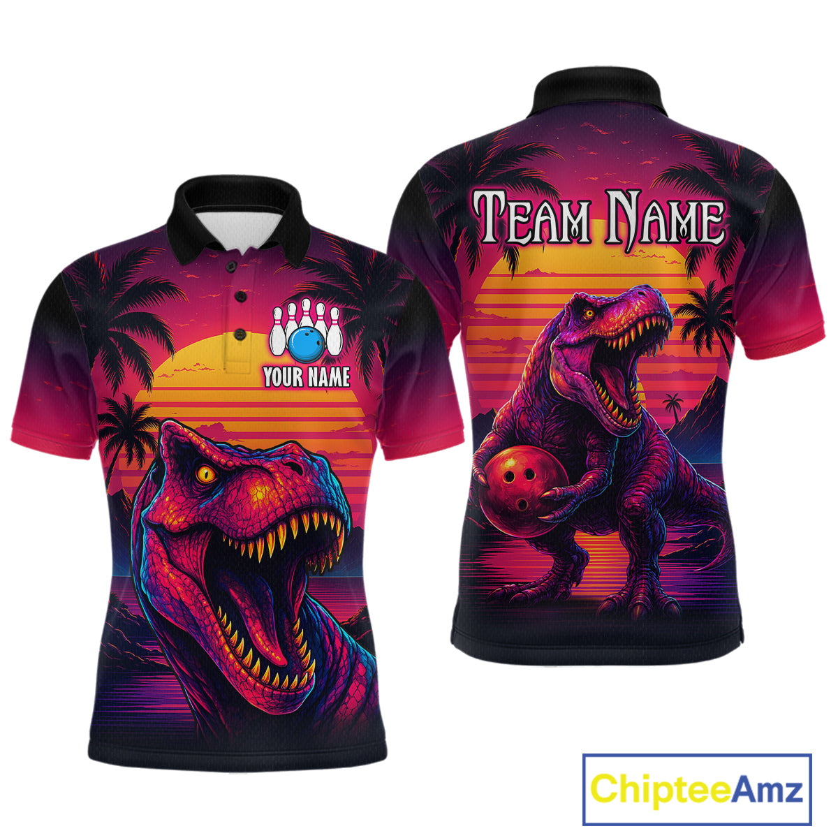 Custom Neon Dinosaur Bowling Jersey for Men Unisex Bowling Shirts for Team Polo & 1/4 Zip HNT241
