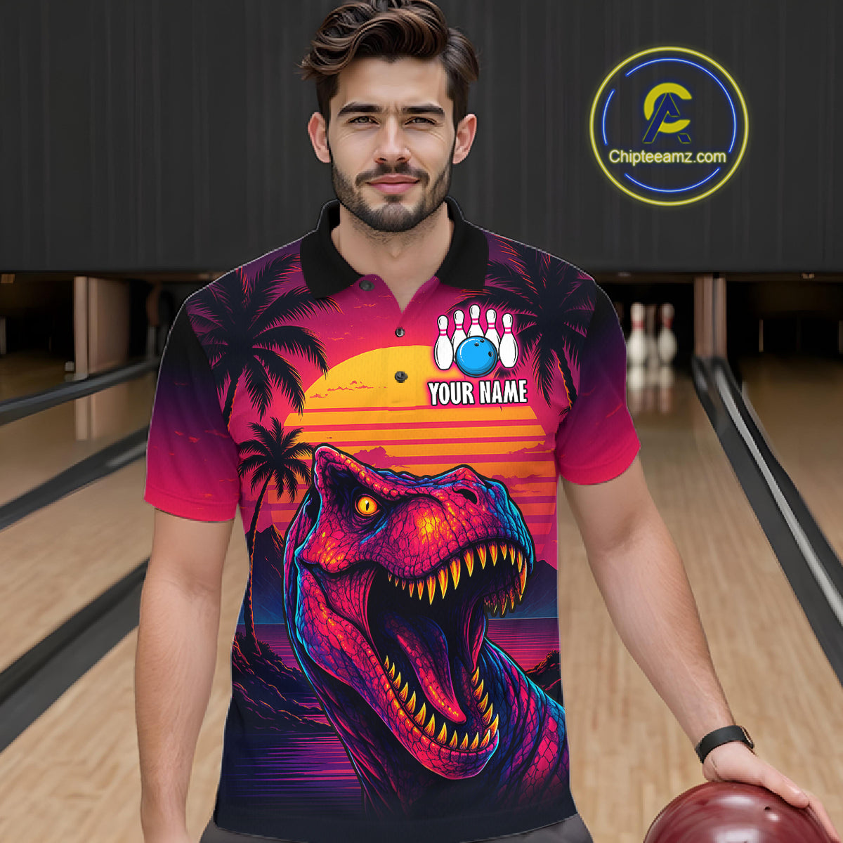 Custom Neon Dinosaur Bowling Jersey for Men Unisex Bowling Shirts for Team Polo & 1/4 Zip HNT241