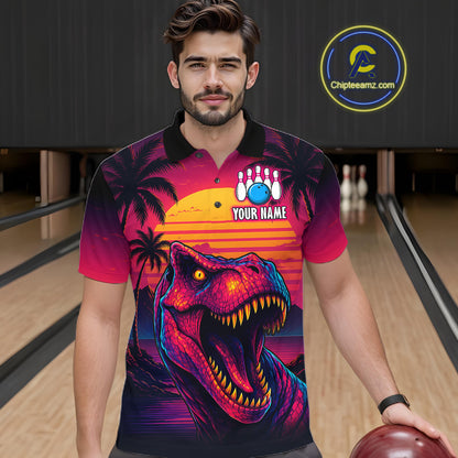 Custom Neon Dinosaur Bowling Jersey for Men Unisex Bowling Shirts for Team Polo & 1/4 Zip HNT241