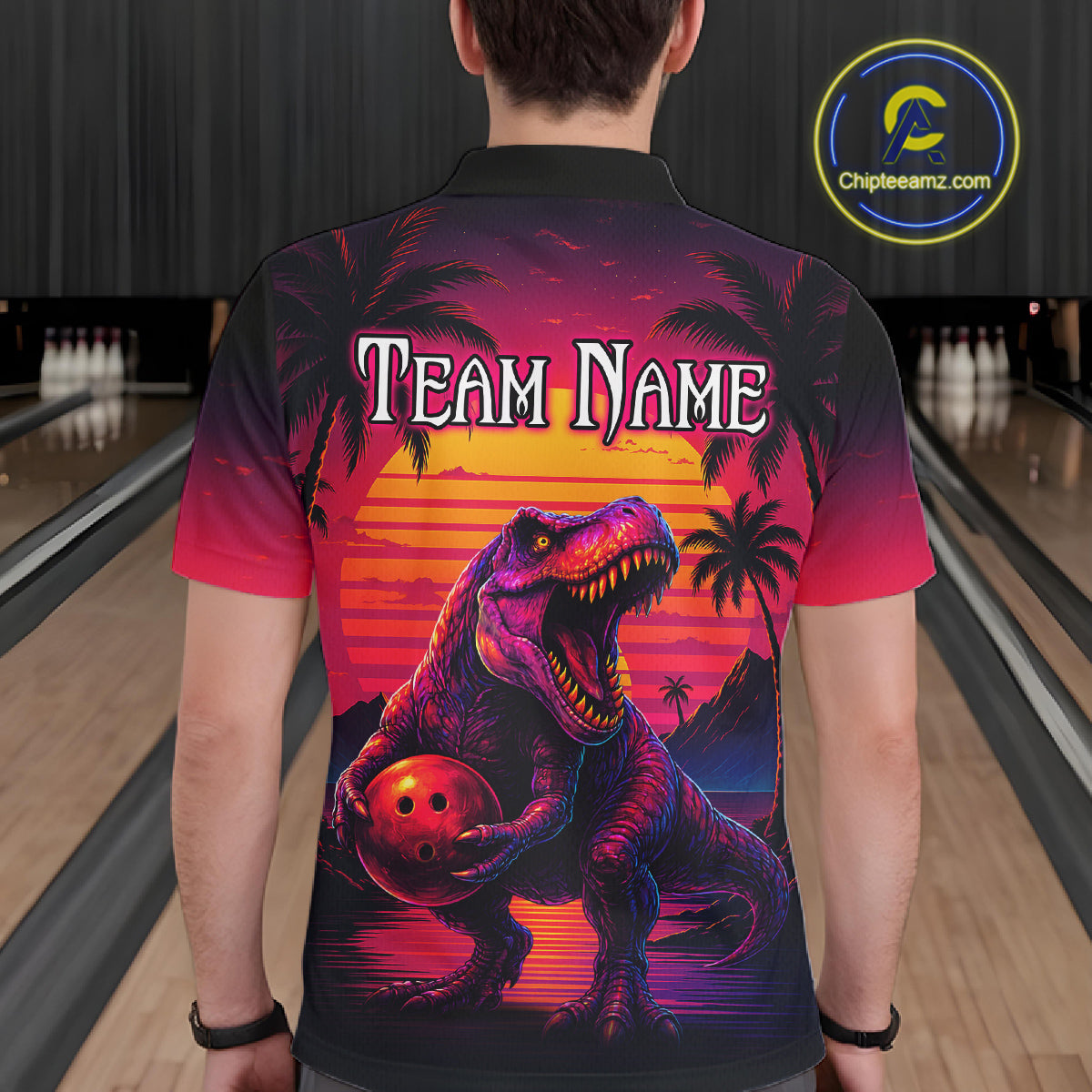 Custom Neon Dinosaur Bowling Jersey for Men Unisex Bowling Shirts for Team Polo & 1/4 Zip HNT241
