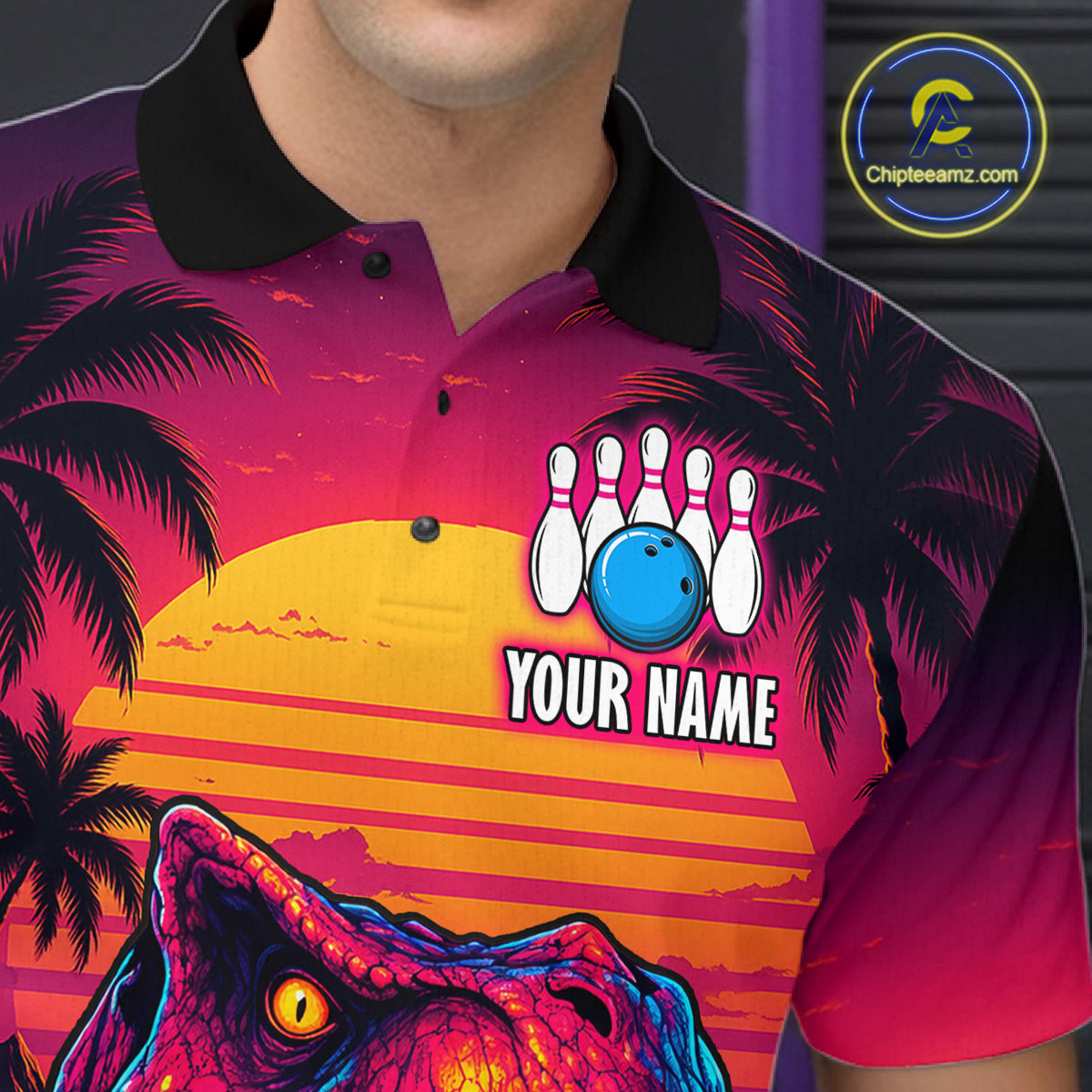 Custom Neon Dinosaur Bowling Jersey for Men Unisex Bowling Shirts for Team Polo & 1/4 Zip HNT241