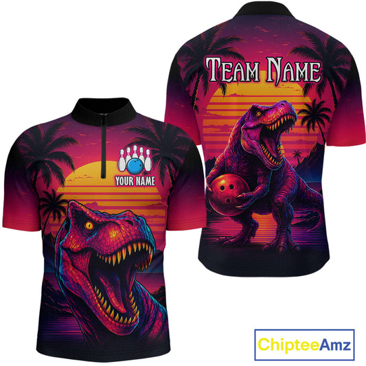 Custom Neon Dinosaur Bowling Jersey for Men Unisex Bowling Shirts for Team Polo & 1/4 Zip HNT241