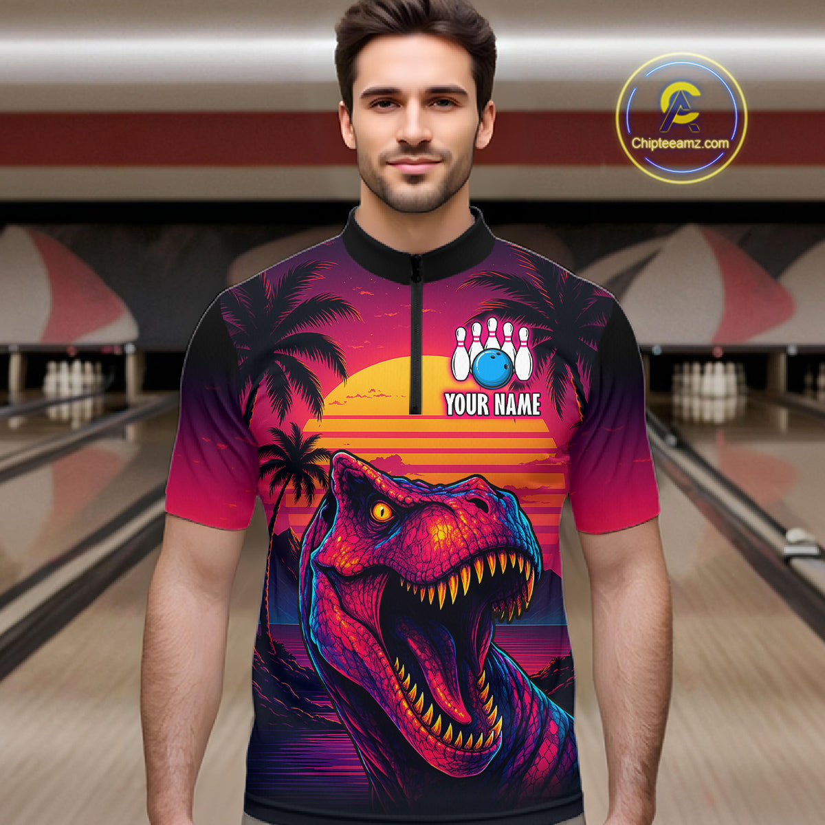 Custom Neon Dinosaur Bowling Jersey for Men Unisex Bowling Shirts for Team Polo & 1/4 Zip HNT241