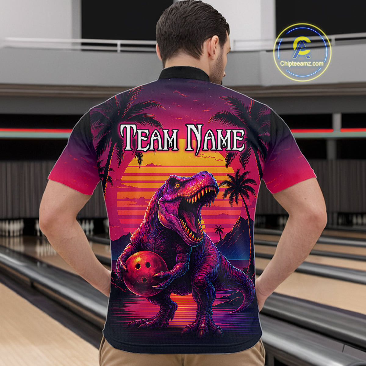 Custom Neon Dinosaur Bowling Jersey for Men Unisex Bowling Shirts for Team Polo & 1/4 Zip HNT241