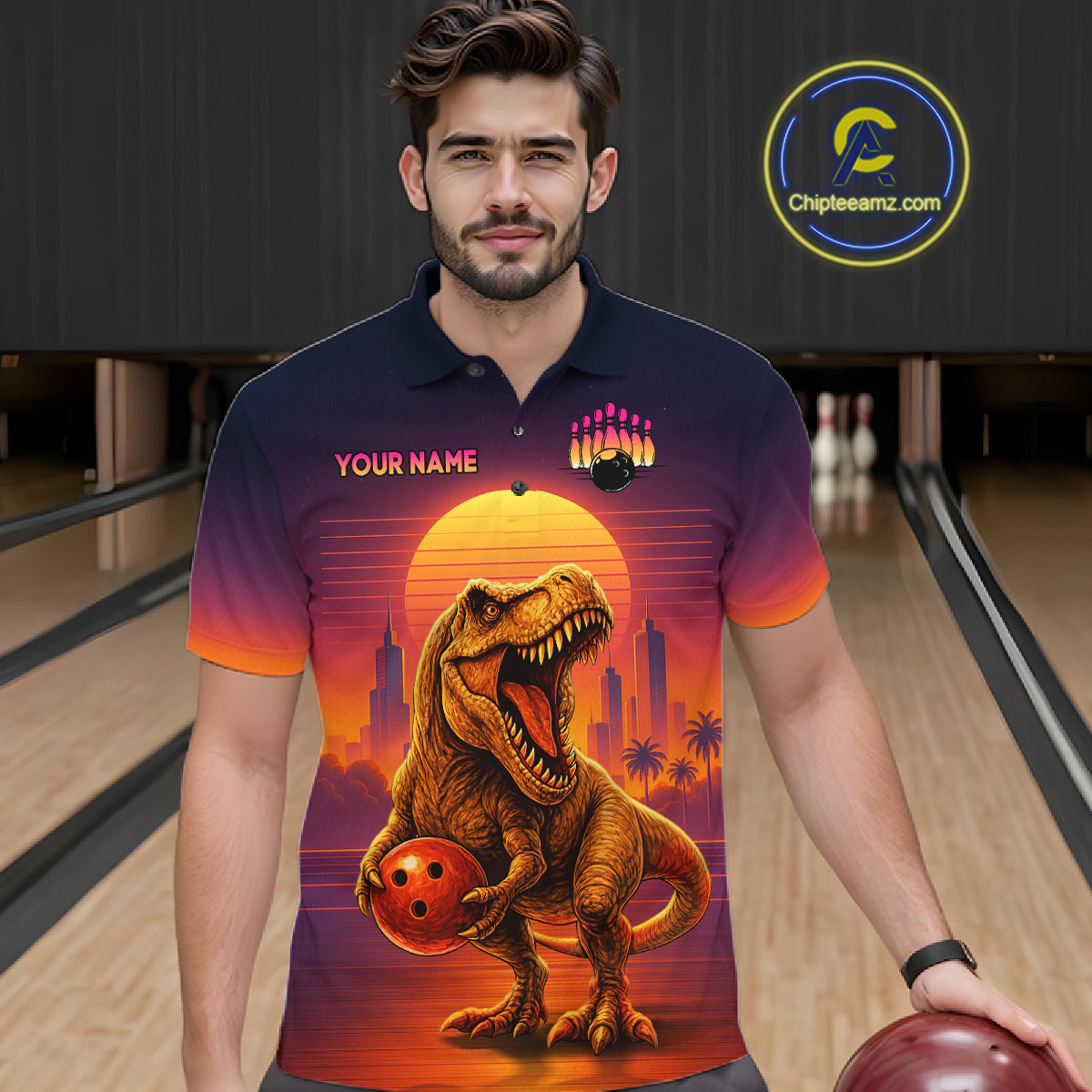 Custom Retro Dinosaur Bowling Jersey for Men Unisex Bowling Shirts for Team Polo & 1/4 Zip HNT242