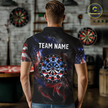 Load image into Gallery viewer, Man wearing a black darts polo featuring patriotic American flag smoke graphics, dartboards, blue darts, and custom team and player name text.