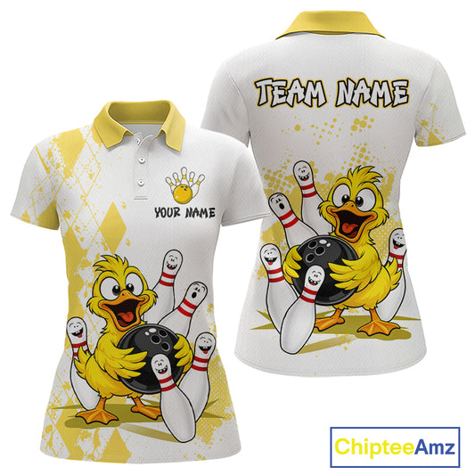 A women's short-sleeve polo shirt shown from the front and back, featuring a cartoon yellow duck bowling with white bowling pins, yellow diamond argyle pattern, and customizable text areas on the chest and back.
