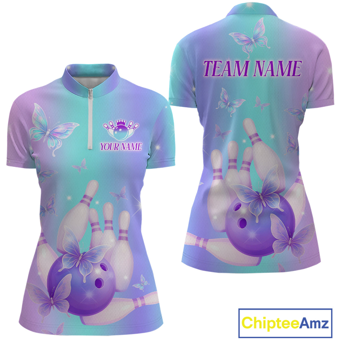 Custom Neon Butterfly Bowling Jersey for Women Bowling Team Shirts Bowling League Polo & 1/4 Zip HNT172