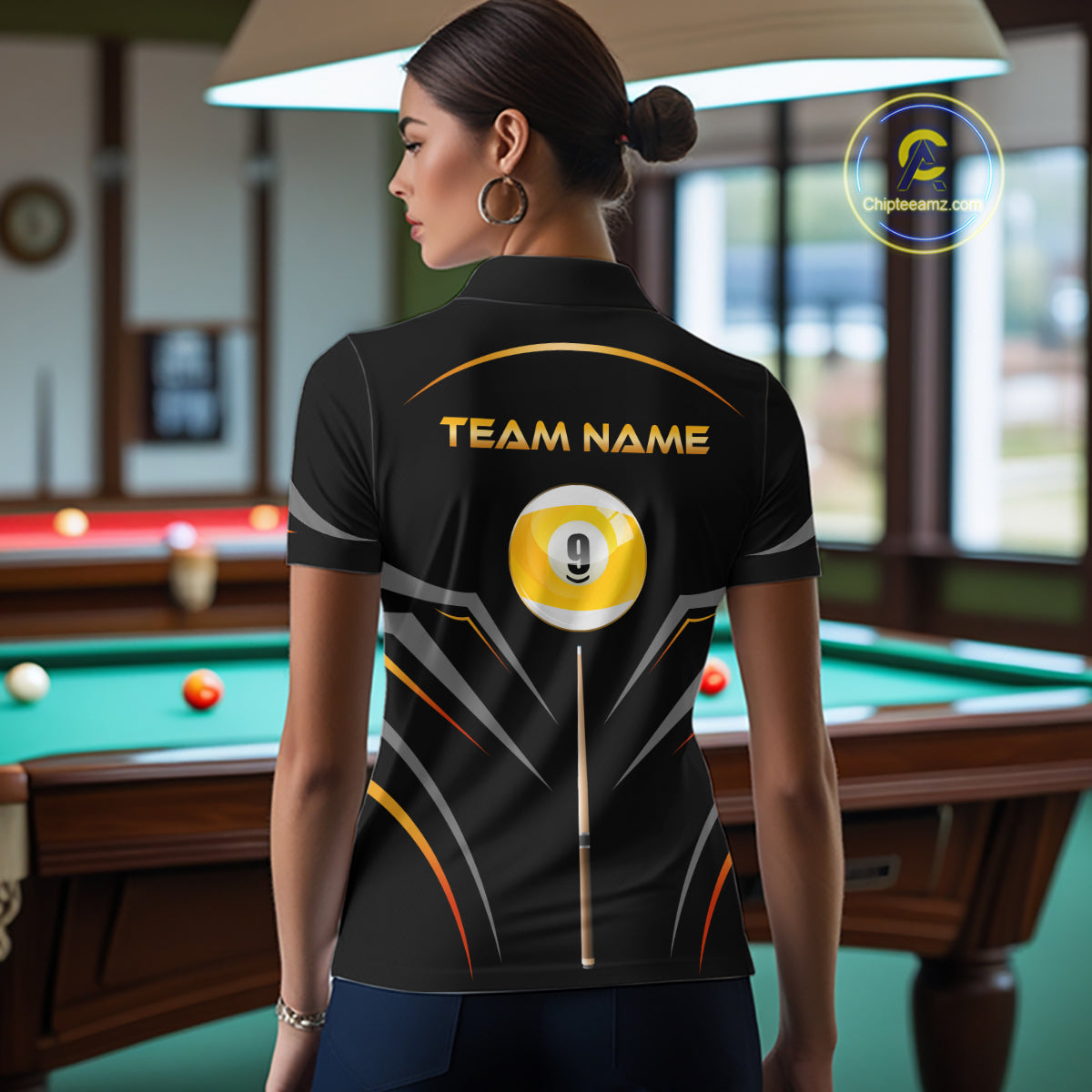Custom Black and Gold 9 Ball Pool Billiard Shirt for Women Polo & 1/4 Zip Billiard Team Jerseys NNT158