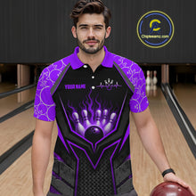 Load image into Gallery viewer, Man wearing a purple and black bowling shirt with a personalized design in a bowling alley.