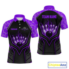 Load image into Gallery viewer, Black and purple bowling shirt with customizable text on a white background