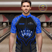 Load image into Gallery viewer, Man wearing a blue and black bowling shirt with a bowling ball design in a bowling alley.
