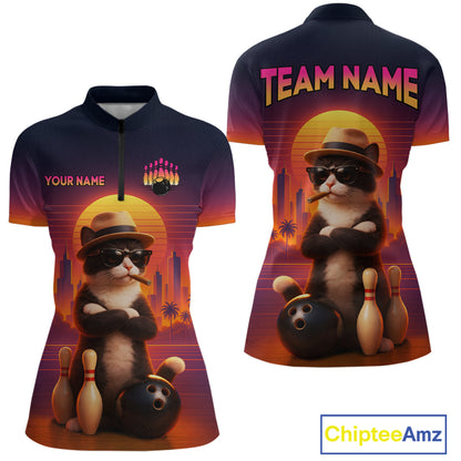 Custom Funny Cat Bowling Jersey for Women Bowling League Bowling Team Shirts Polo & 1/4 Zip HNT197