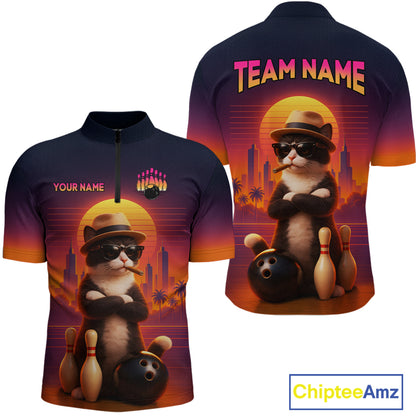 Custom Funny Cat Bowling Jersey for Men Bowling League Bowling Team Shirts Polo & 1/4 Zip HNT197